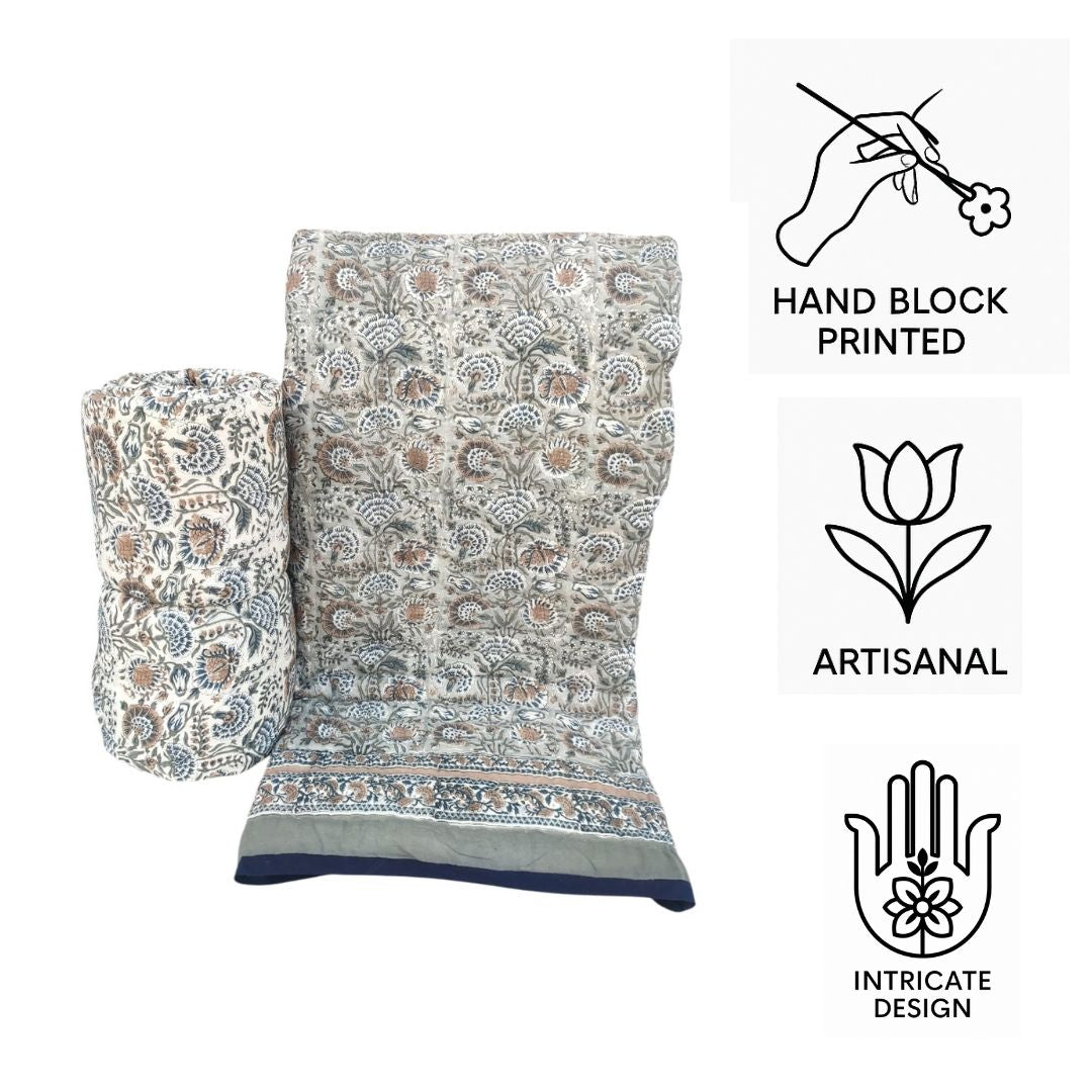 Sandstone Bloom Elegance Jaipur Hand Block Printed Cotton Reversible Quilt |  Lightweight & Hand Quilted