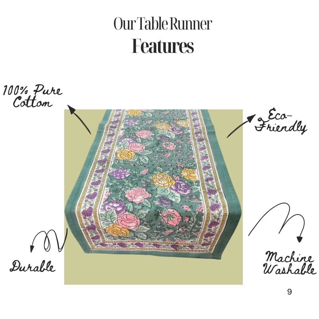 Hand Block Printed Cotton Table Runner – Floral Meadow | Sustainable Dining Linen