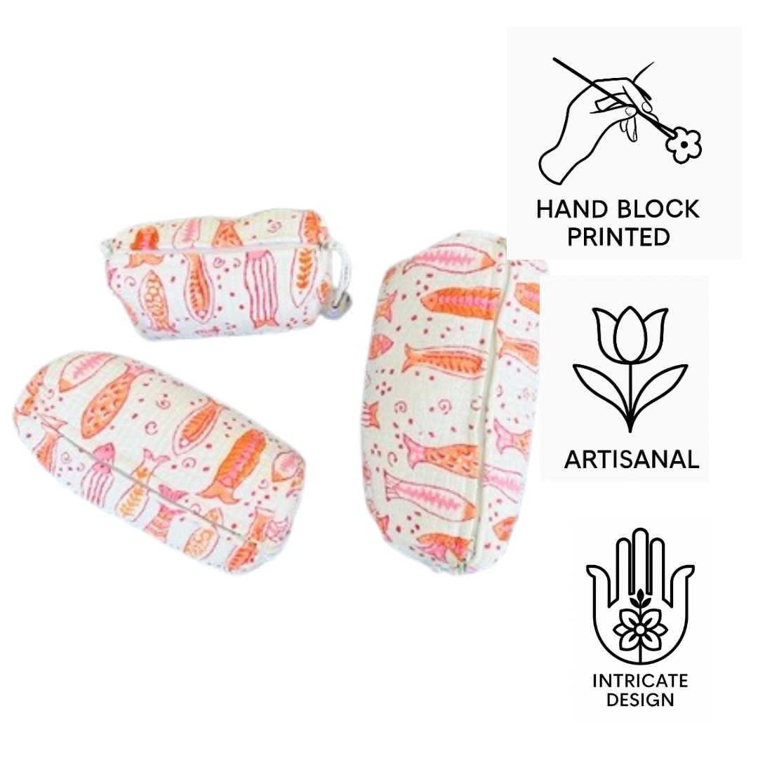 Hand Block Printed Quilted Cotton Toiletry Bag Set of 3 – Coral Fish | Eco-Friendly Travel Organizer