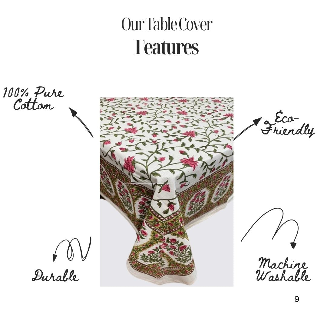 Rosette Vine Charm Hand Block Printed Cotton Table Cover |  Sustainable Dining Linen