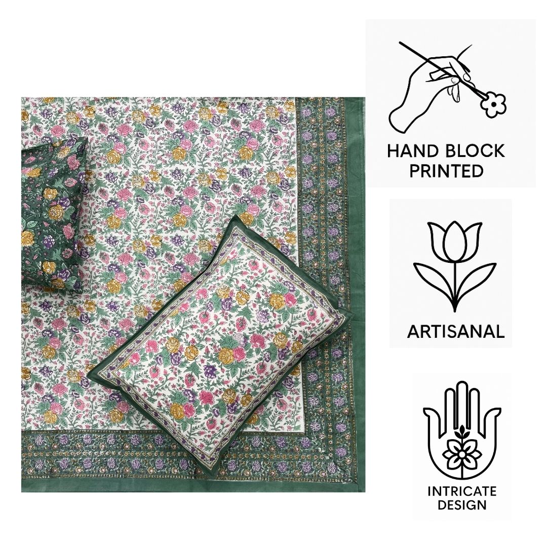 Hand Block Printed Cotton Bedsheet – Floral Meadow | Eco-Friendly | Artisanal Craft