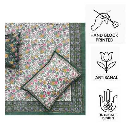 Hand Block Printed Cotton Bedsheet – Floral Meadow | Eco-Friendly | Artisanal Craft