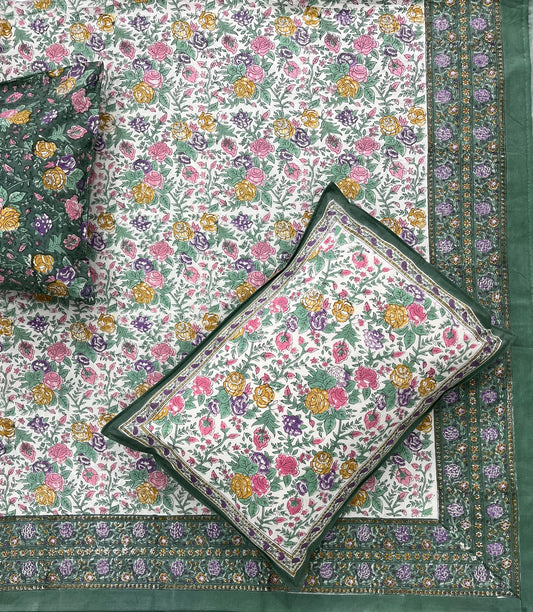 Hand Block Printed Cotton Bedsheet – Floral Meadow | Eco-Friendly | Artisanal Craft