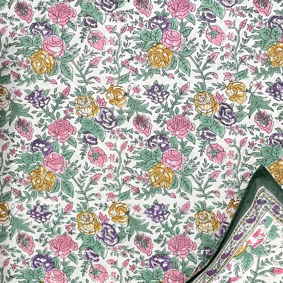 Hand Block Printed Cotton Bedsheet – Floral Meadow | Eco-Friendly | Artisanal Craft