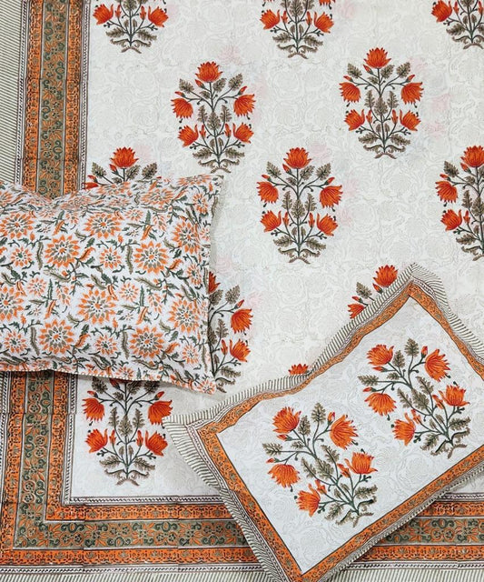 Soft Hand Block Printed Pure Cotton Bedsheet – Big Orange Floral Motif Design | 220 TC Sheeting Fabric