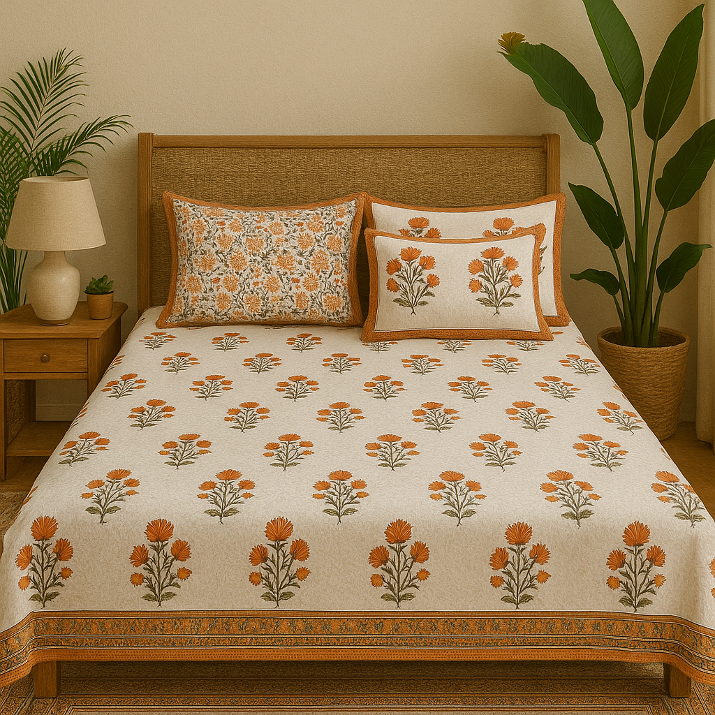 Soft Hand Block Printed Pure Cotton Bedsheet – Big Orange Floral Motif Design | 220 TC Sheeting Fabric