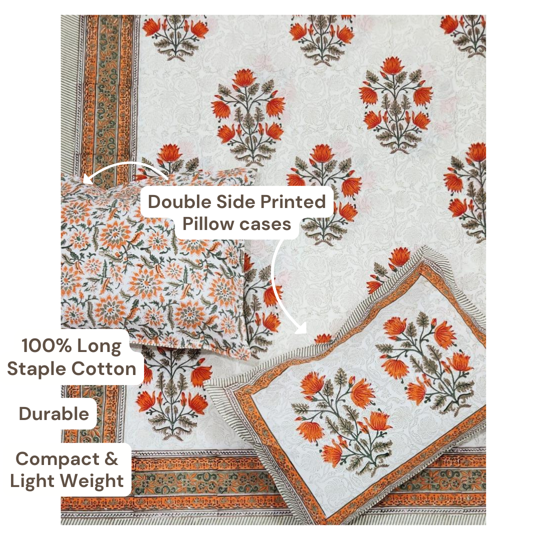 Soft Hand Block Printed Pure Cotton Bedsheet – Big Orange Floral Motif Design | 220 TC Sheeting Fabric