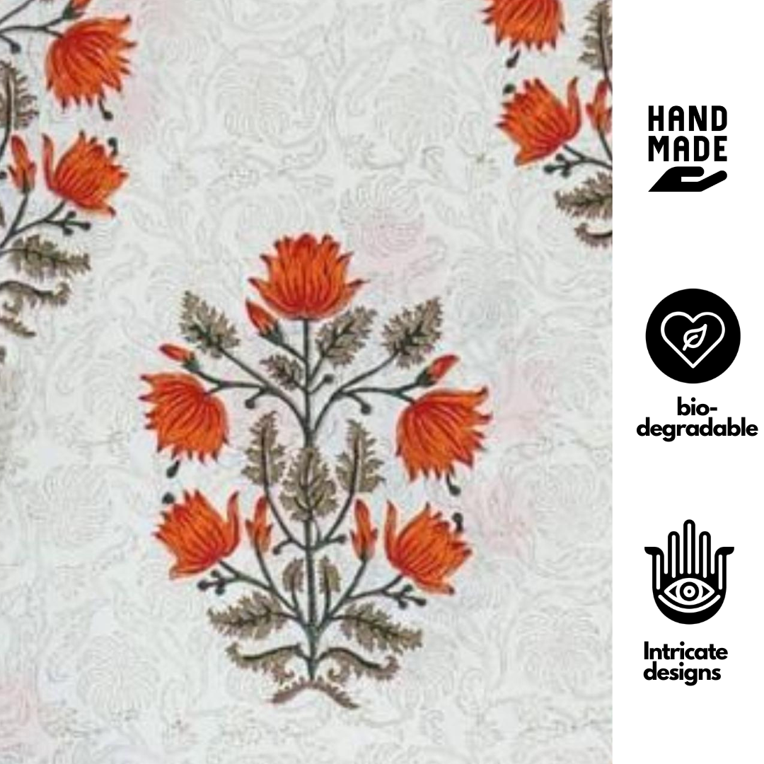 Soft Hand Block Printed Pure Cotton Bedsheet – Big Orange Floral Motif Design | 220 TC Sheeting Fabric