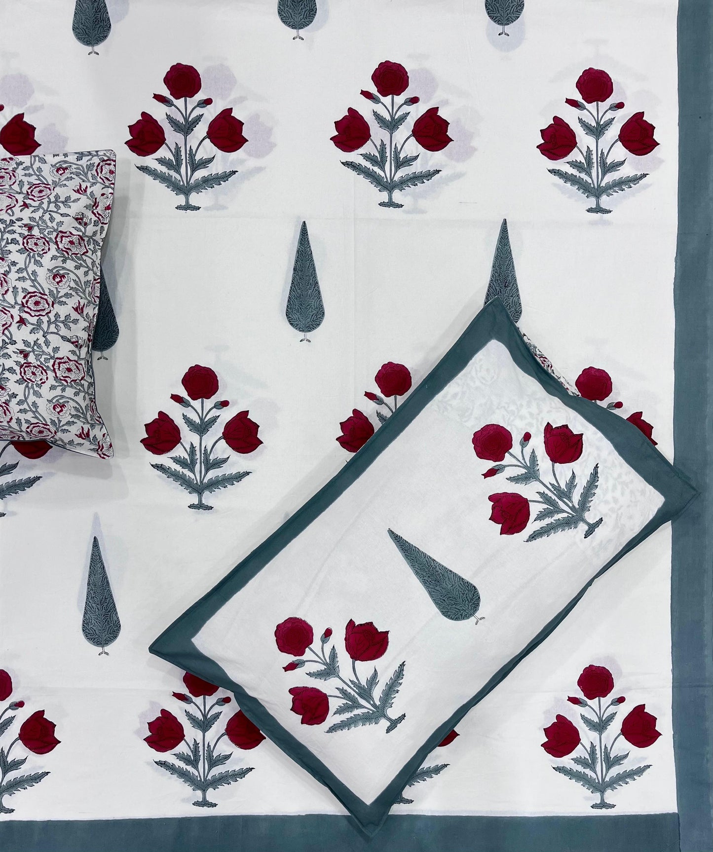 Hand Block Printed Pure Cotton Bedsheet – Crimson Rose Charm | Sustainable
