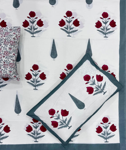 Hand Block Printed Pure Cotton Bedsheet – Crimson Rose Charm | Sustainable