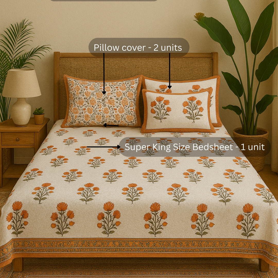 Soft Hand Block Printed Pure Cotton Bedsheet – Big Orange Floral Motif Design | 220 TC Sheeting Fabric