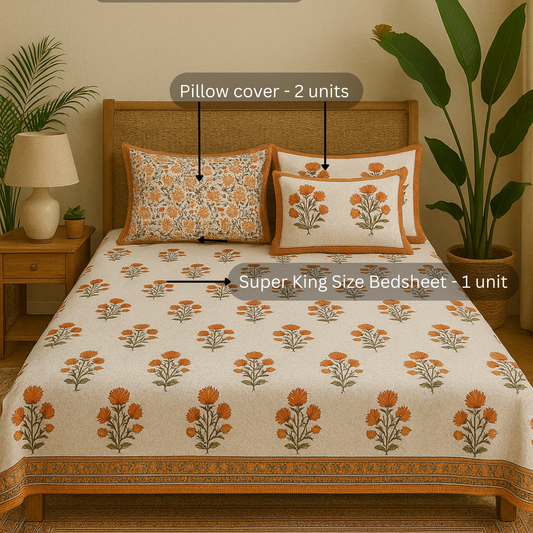 Soft Hand Block Printed Pure Cotton Bedsheet – Big Orange Floral Motif Design | 220 TC Sheeting Fabric