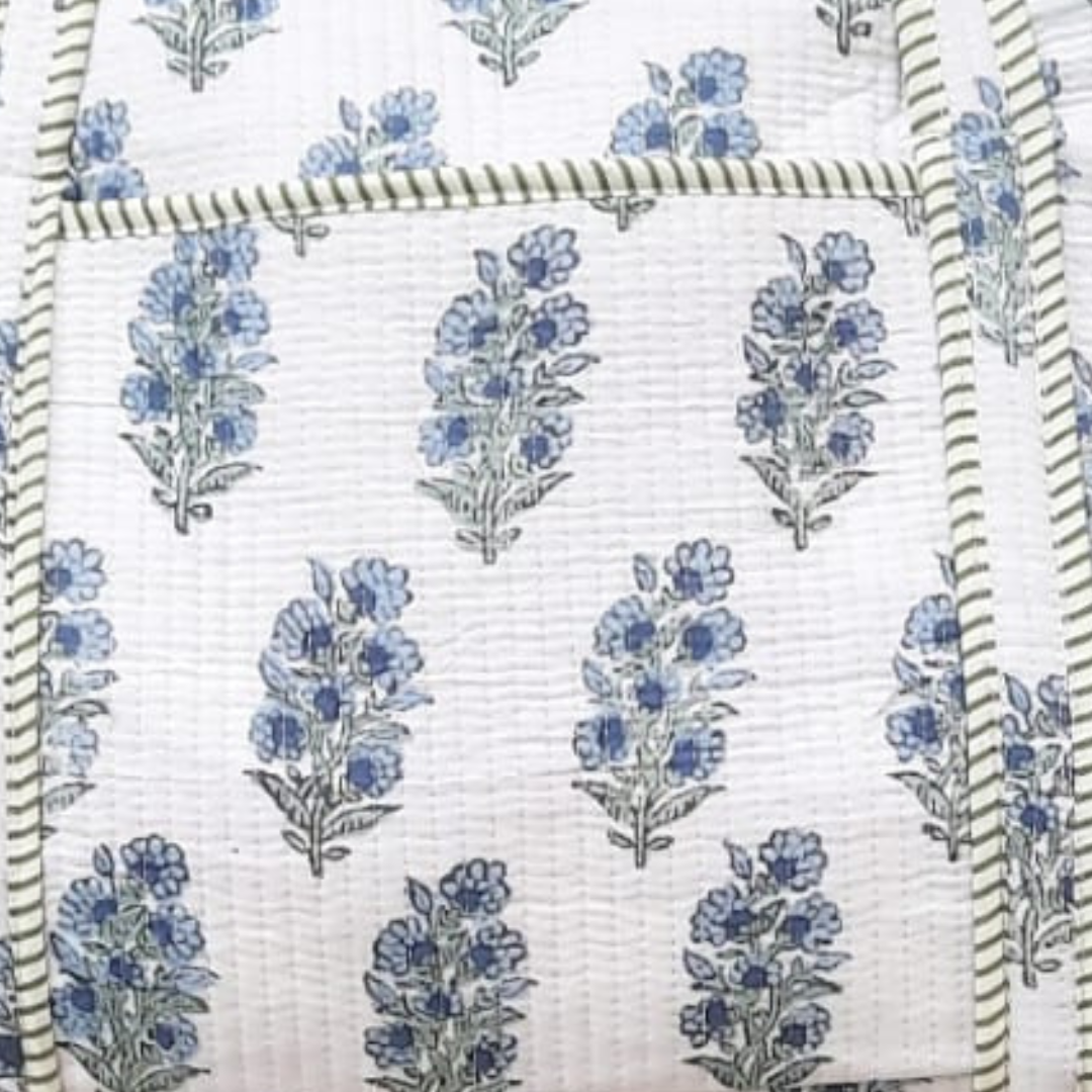 Hand Block Printed Quilted Cotton Duffle Bag – Indigo Blossom | Sustainable Travel Bag