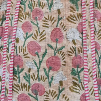 Hand Block Printed Quilted Cotton Tote Bag | Peach Meadow Floral Heritage Design