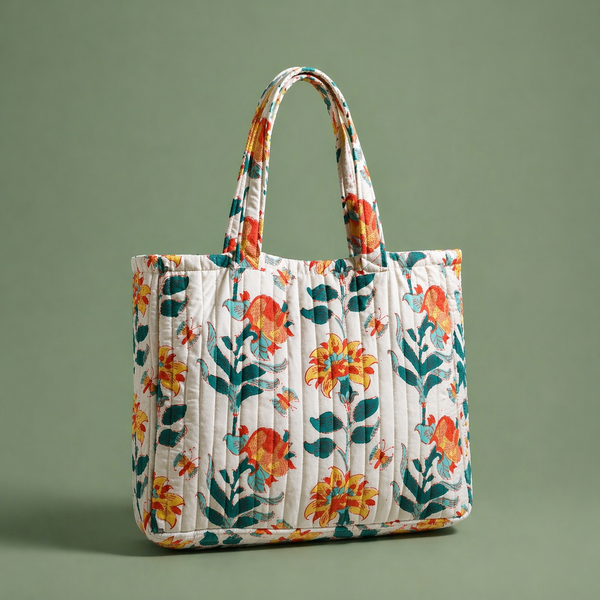 Hand Block Printed Quilted Cotton Oversized Tote Bag Floral Shoulder Bag Large Capacity Handmade Cotton Shopper Bag