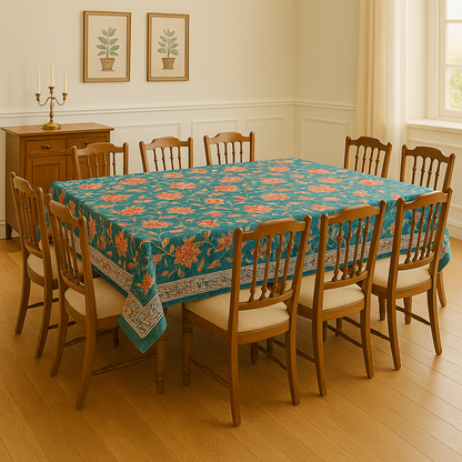 Teal & Red Hand Block Printed Cotton Table Cover – Meadow Bloom | Artisanal Wholesale Table Covers