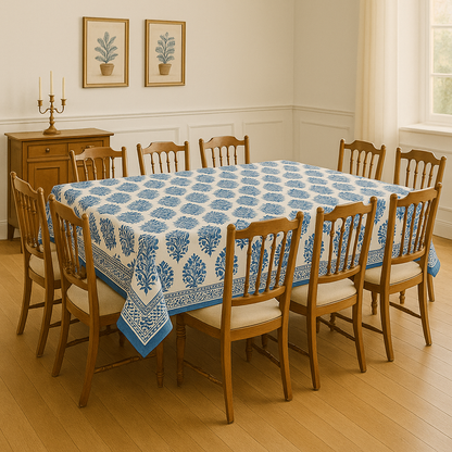 White & Blue Floral Hand Block Printed Canvas Table Cover | Artisanal Eco friendly & Durable | Custom Made for Bulk Orders