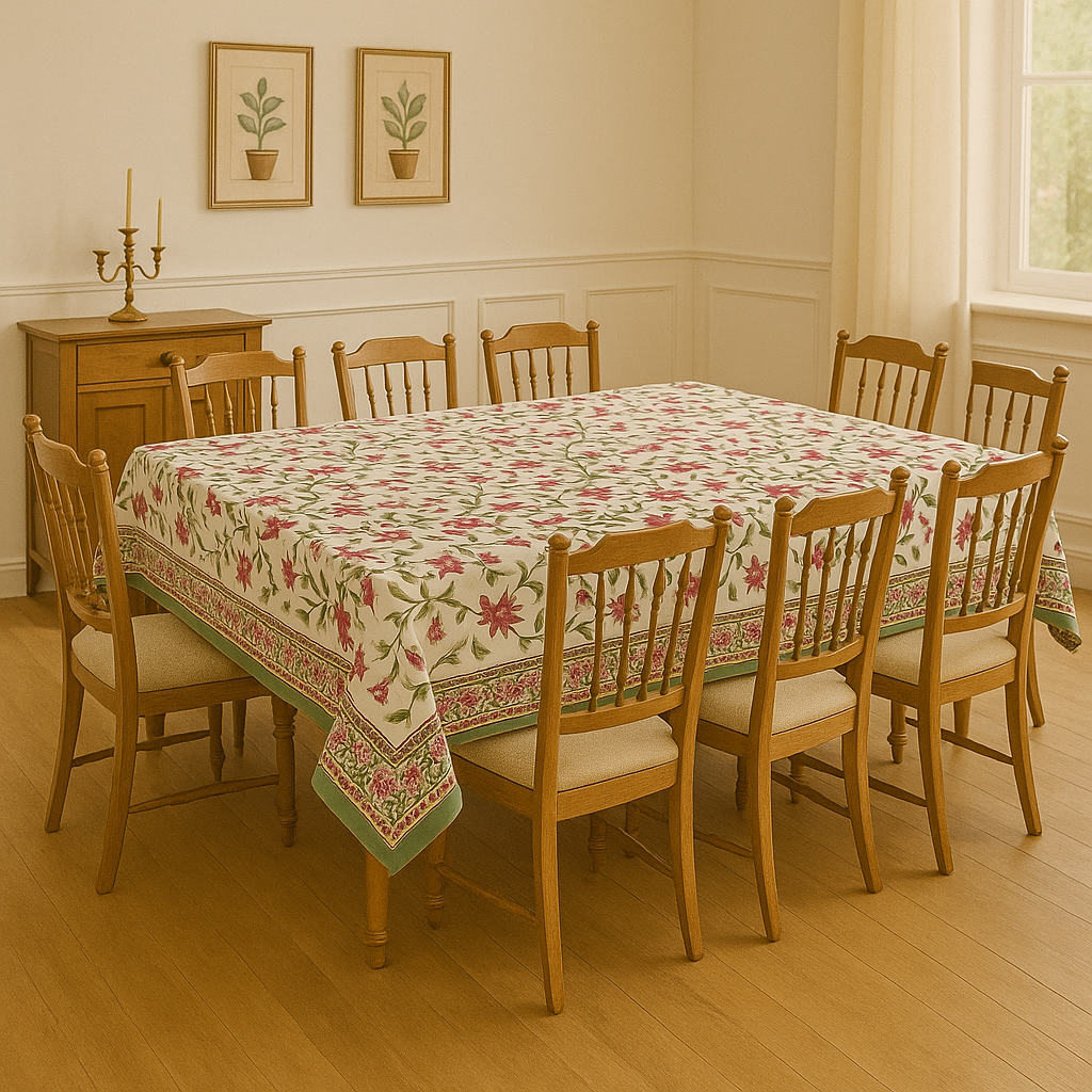 Rosette Vine Charm Hand Block Printed Cotton Table Cover |  Sustainable Dining Linen