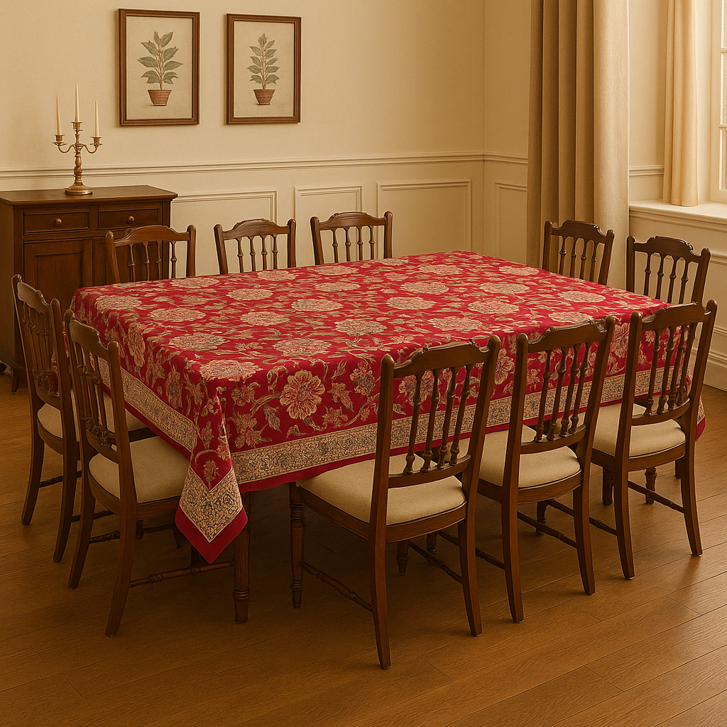 Hand Block Printed Cotton Table Cover – Crimson Garden | Artisanal & Eco-Friendly