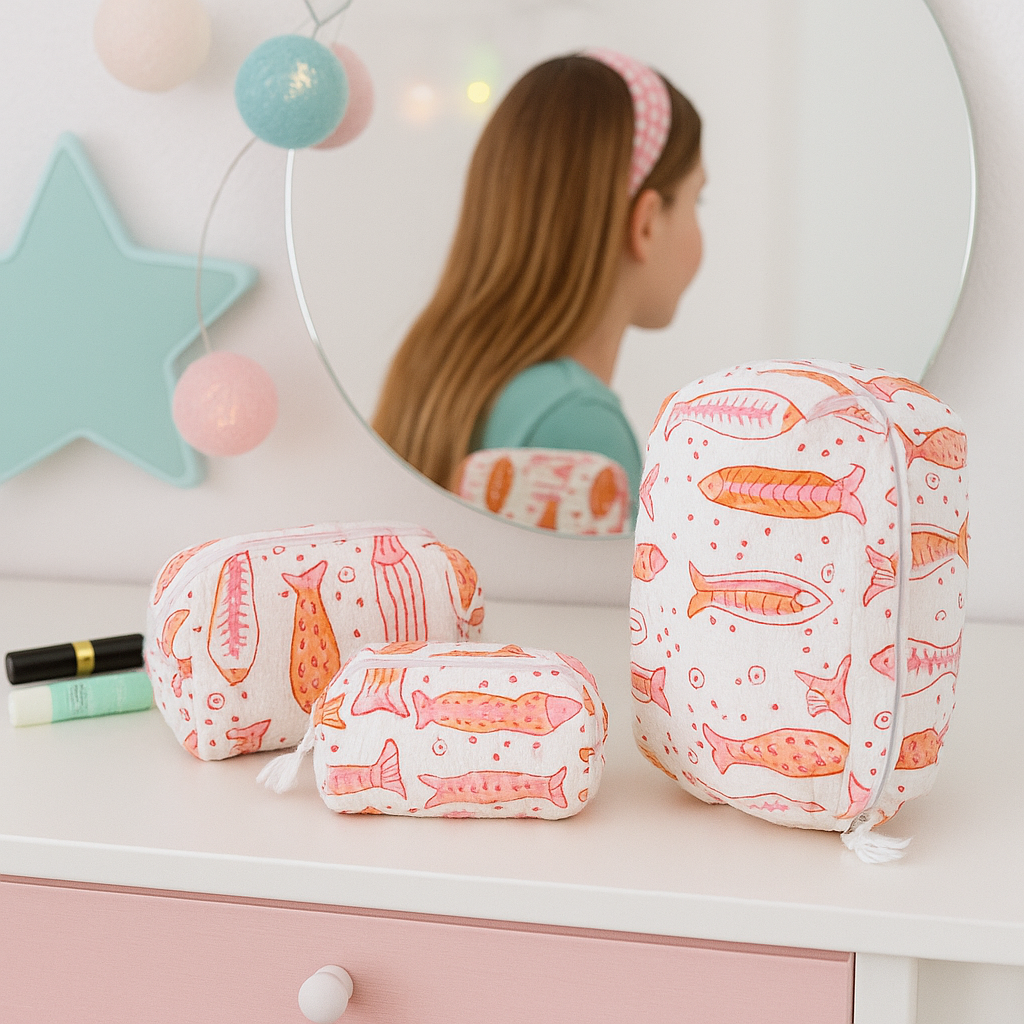 Hand Block Printed Quilted Cotton Toiletry Bag Set of 3 – Coral Fish | Eco-Friendly Travel Organizer