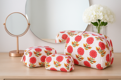 Hand Block Printed Quilted Cotton Toiletry Bag Set of 3 – Scarlet Bloom | Eco-Friendly Travel Organizer
