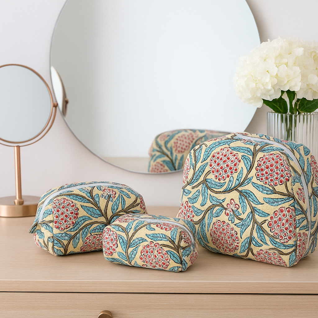 Hand Block Printed Quilted Cotton Toiletry Bag Set of 3 – Pomegranate Bloom | Eco-Friendly Travel Organizer