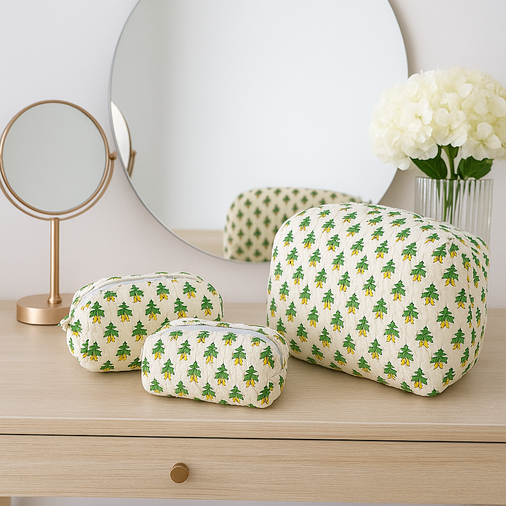 Hand Block Printed Quilted Cotton Toiletry Bag Set of 3 – Marigold Meadow | Eco-Friendly Travel Organizer