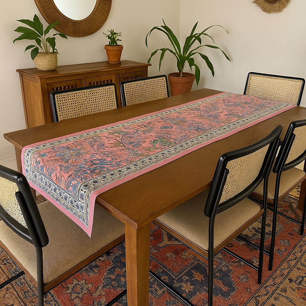 Artisanal Hand Block Printed Cotton Table Runner – Pink Meadow Bloom |  Sustainable