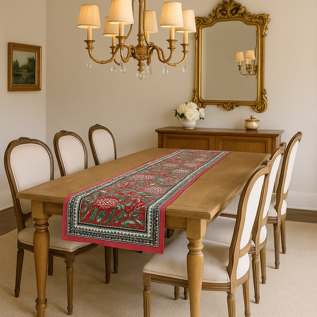 Jaipur Hand Block Printed Cotton Table Linen – Crimson Pine Bloom | Eco- Conscious