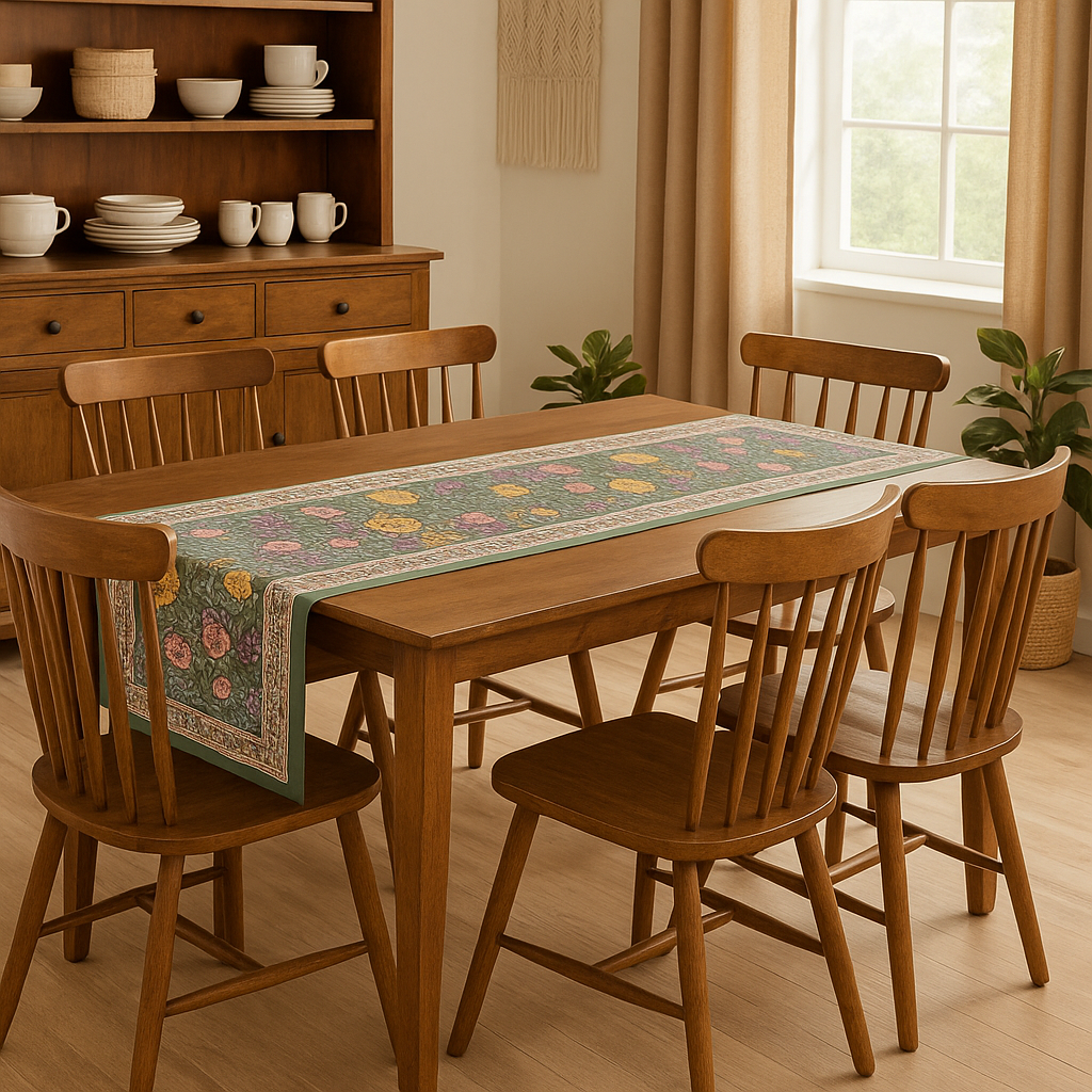 Hand Block Printed Cotton Table Runner – Floral Meadow | Sustainable Dining Linen
