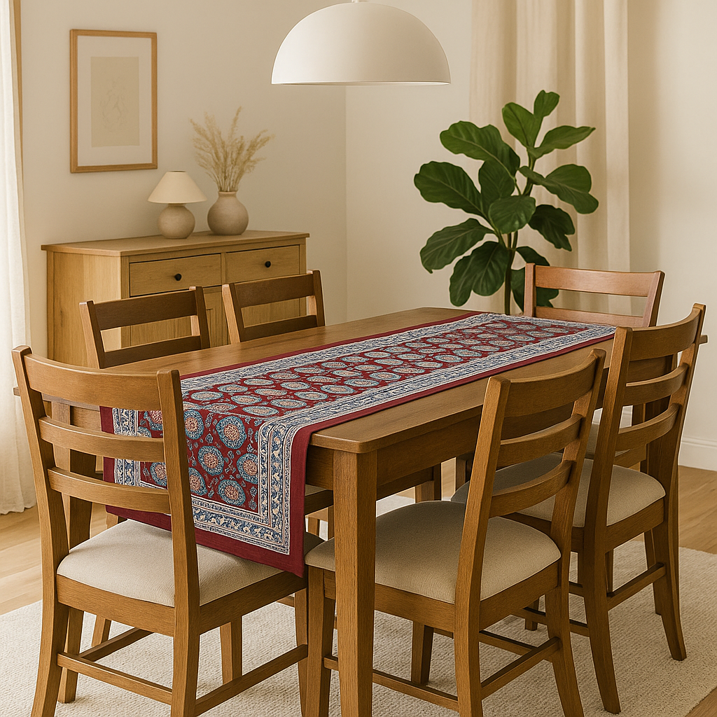 Indian Hand Block Printed Canvas Table Runner| Madder Red & Indigo Floral Design