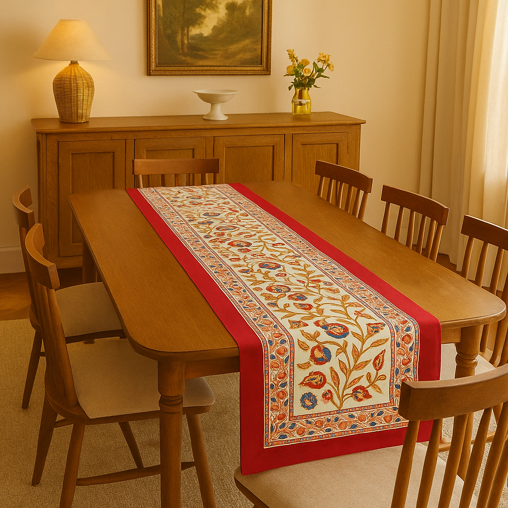 Artisanal Hand Block Printed Cotton Table Runner – Jaipur Blossom Trail | Eco- Friendly