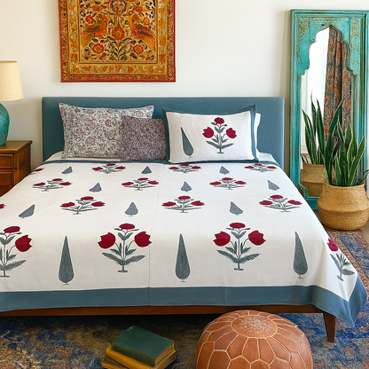 Hand Block Printed Pure Cotton Bedsheet – Crimson Rose Charm | Sustainable