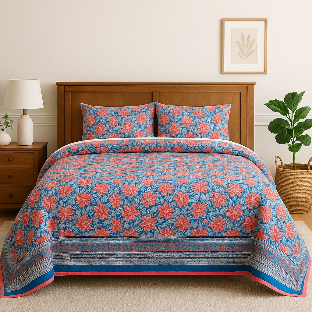 Coral Blossom Serenity Jaipur Hand Block Printed Cotton Reversible Quilt –  | Eco Friendly & Hand Quilted