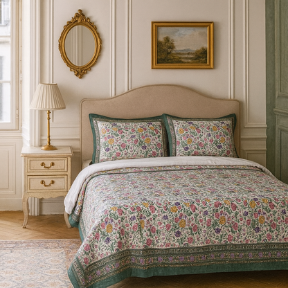 Hand Block Printed Cotton Bedsheet – Floral Meadow | Eco-Friendly | Artisanal Craft