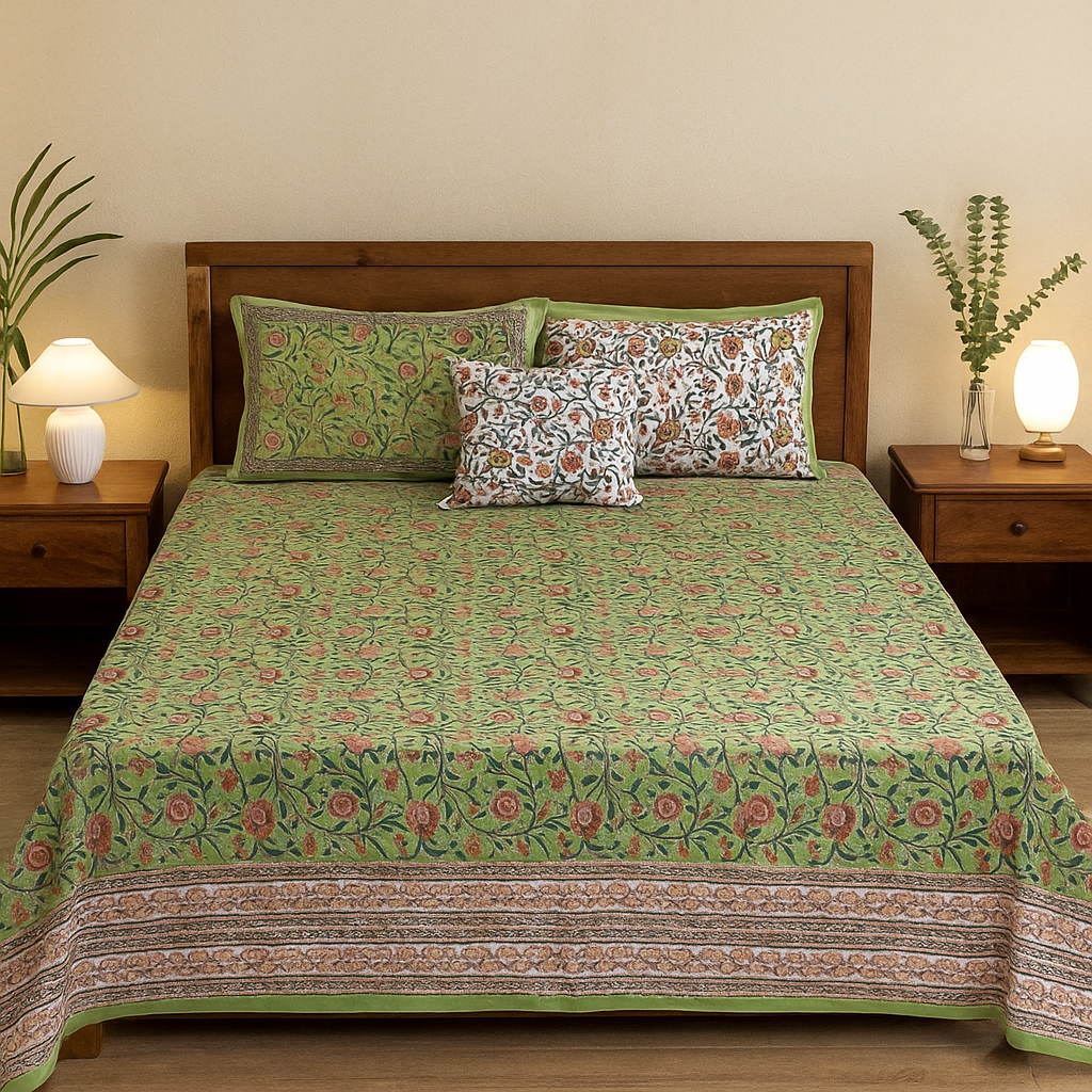 Hand Block Printed Cotton Bedsheet – Verdant Bloom | Sustainable Home Linen