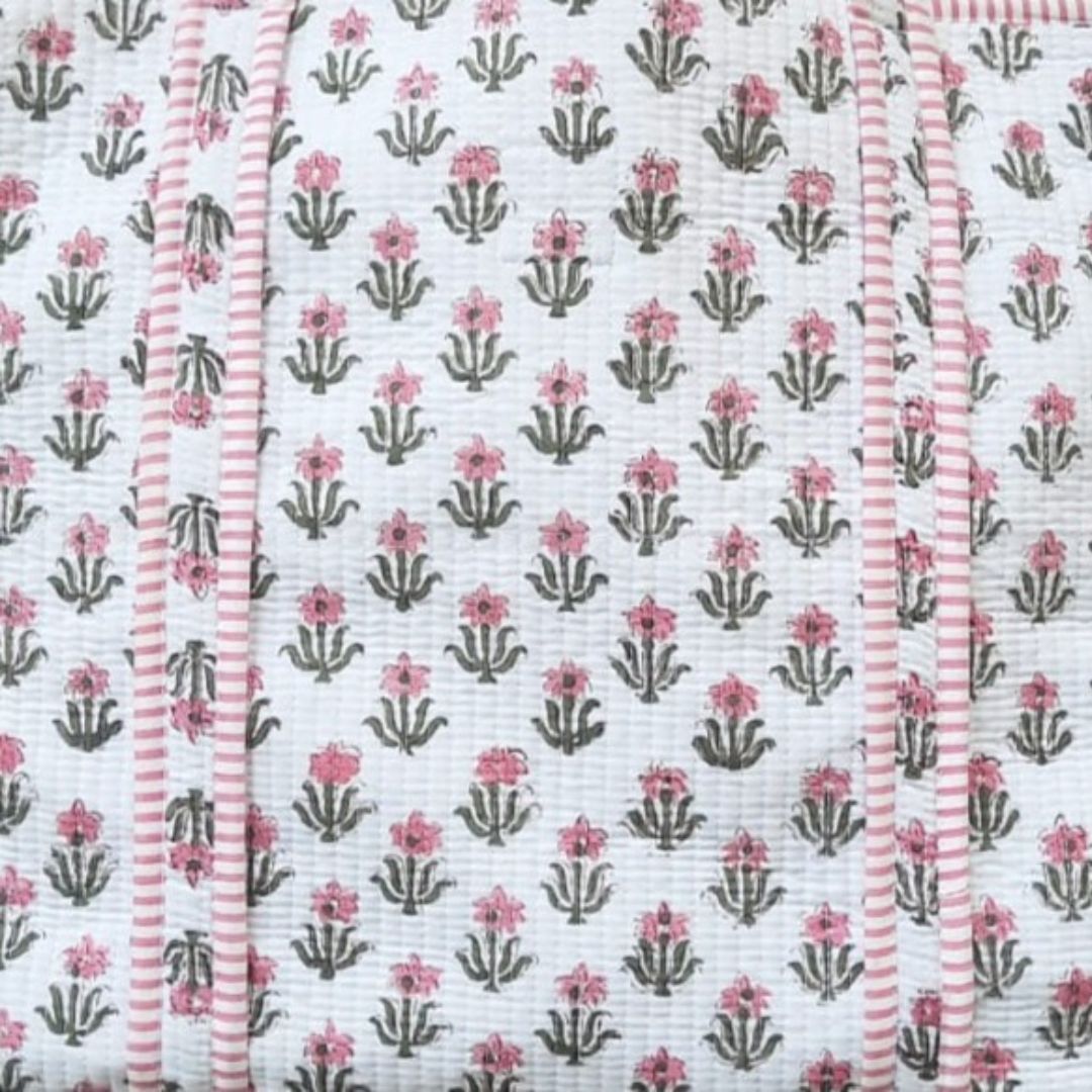 Hand Block Printed Quilted Cotton Tote Bag | Pink Blossom Heritage Bag