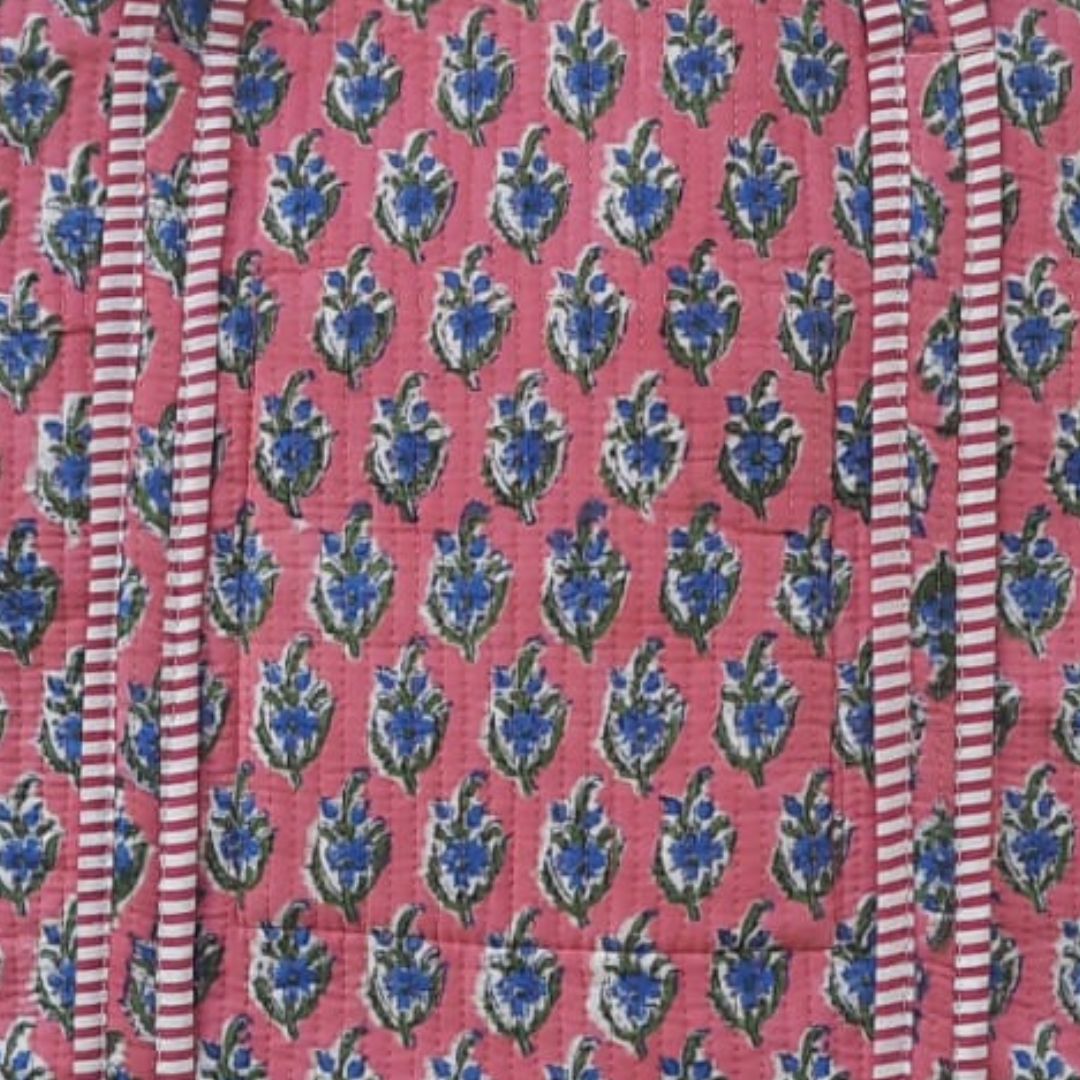 Hand Block Printed Quilted Cotton Tote Bag | Indigo Bloom on Coral Canvas