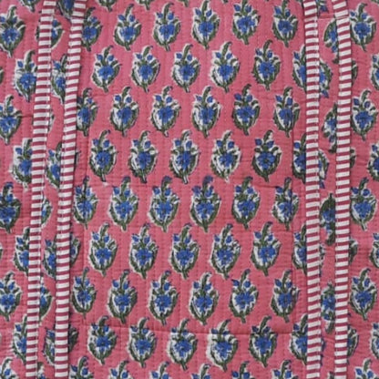 Hand Block Printed Quilted Cotton Tote Bag | Indigo Bloom on Coral Canvas