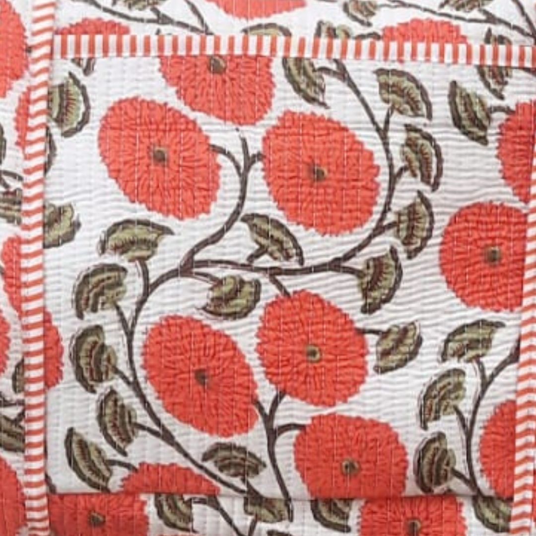 Hand Block Printed Quilted Cotton Duffle Bag – Scarlet Bloom Heritage | Sustainable Travel Bag