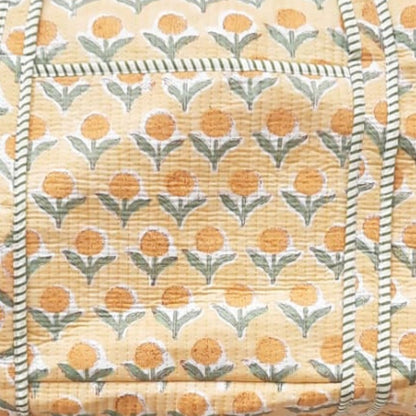 Hand Block Printed Quilted Cotton Duffle Bag – Marigold Meadow | Sustainable Travel Bag