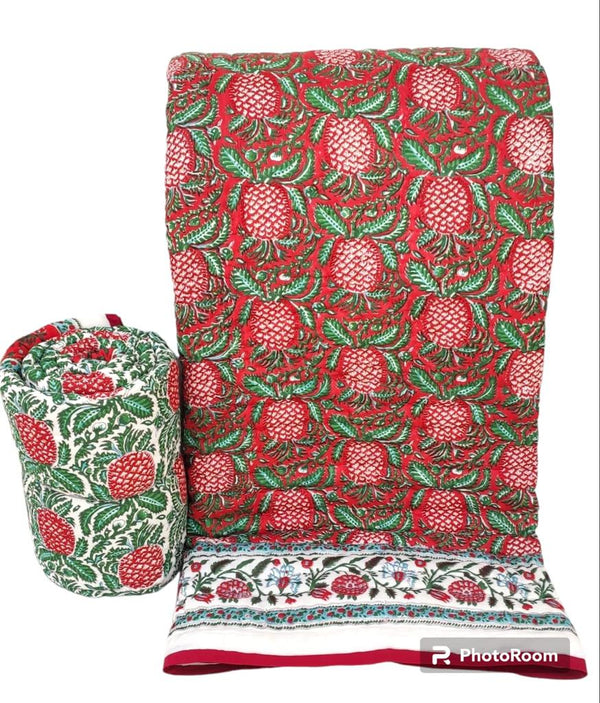 Pineapple Grove Jaipur Hand Block Printed Voile Cotton Reversible Quilt | Lightweight & Hand Quilted Comforter