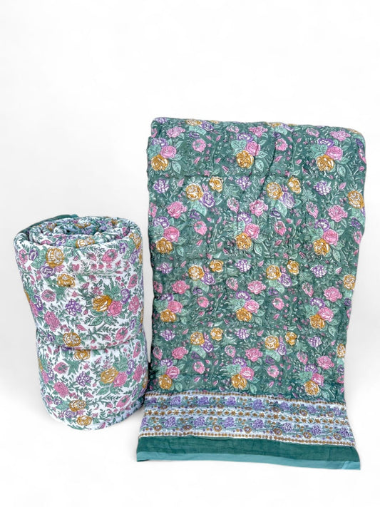 Jaipur Hand Block Printed Cotton Quilt – Lotus Bloom Charm | Reversible | Lightweight Hand Quilted