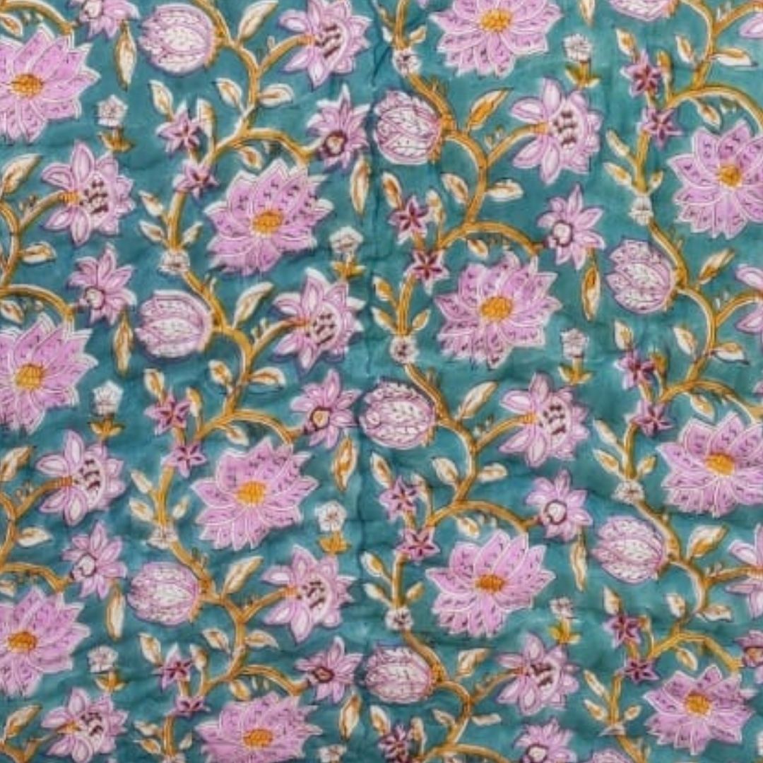 Jaipur Hand Block Printed Cotton Quilt – Lotus Bloom Charm | Reversible | Lightweight Hand Quilted