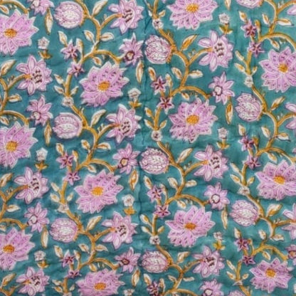 Jaipur Hand Block Printed Cotton Quilt – Lotus Bloom Charm | Reversible | Lightweight Hand Quilted