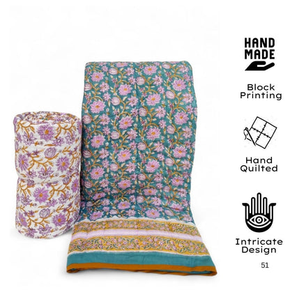 Jaipur Hand Block Printed Cotton Quilt – Lotus Bloom Charm | Reversible | Lightweight Hand Quilted