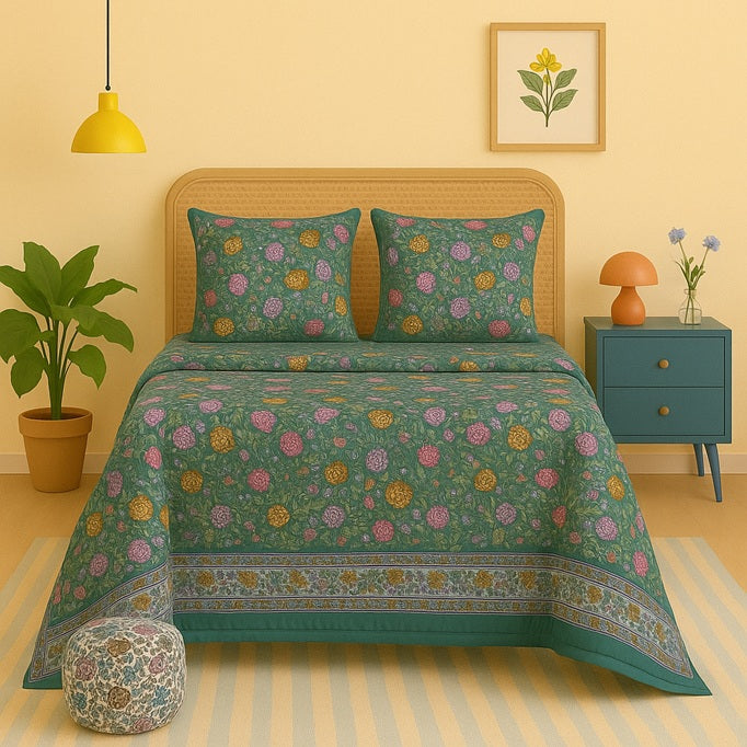 Jaipur Hand Block Printed Cotton Quilt – Lotus Bloom Charm | Reversible | Lightweight Hand Quilted