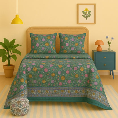 Jaipur Hand Block Printed Cotton Quilt – Lotus Bloom Charm | Reversible | Lightweight Hand Quilted