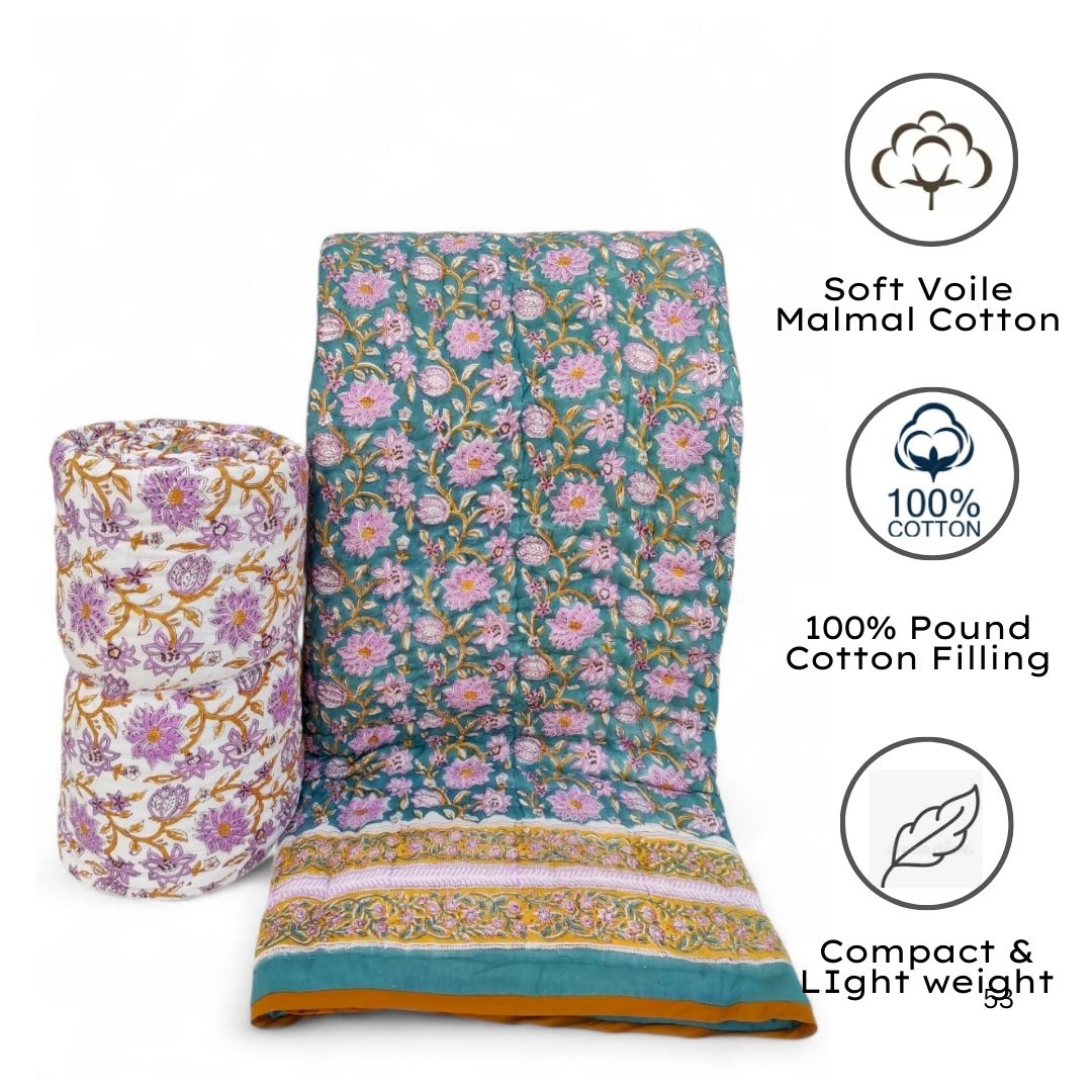 Jaipur Hand Block Printed Cotton Quilt – Lotus Bloom Charm | Reversible | Lightweight Hand Quilted