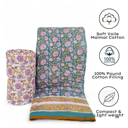 Jaipur Hand Block Printed Cotton Quilt – Lotus Bloom Charm | Reversible | Lightweight Hand Quilted